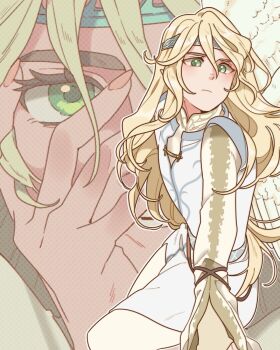 1boy bishounen blonde_hair circlet closed_mouth commentary english_commentary fire_emblem fire_emblem:_radiant_dawn green_eyes hand_on_own_face highres long_hair male_focus multiple_views nintendo redmoe reyson_(fire_emblem) very_long_hair wings