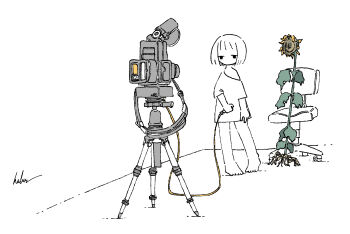 1girl absurdres barefoot camera chair commentary controller flower highres indoors kaduise no_pants office_chair original oversized_clothes oversized_shirt remote_control shirt short_hair short_sleeves signature single_off_shoulder solo standing sunflower swivel_chair t-shirt taking_picture tripod uprooted wide_shot