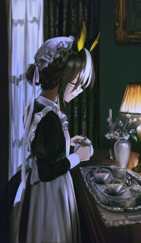 1girl alternate_costume alternate_hairstyle animal_ears apron black_dress braid brown_hair closed_eyes closed_mouth dream_journey_(umamusume) dress glasses hair_bun highres holding holding_teapot horse_ears horse_girl horse_tail maid maid_apron maid_headdress multicolored_hair round_eyewear seikatsu short_hair sidelocks smile solo tail teapot two-tone_hair umamusume white_hair