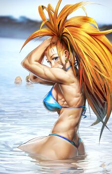 1girl 2boys absurdres bald bandaid bandaid_on_cheek bandaid_on_face bikini blonde_hair blue_bikini breasts butt_crack captain_mizuki commentary earrings english_commentary genos highres jewelry lake large_breasts long_hair looking_at_viewer multiple_boys muscular muscular_female one-punch_man orange_hair partially_submerged rido9 saitama_(one-punch_man) short_hair sideboob sitting solo_focus swimsuit tying_hair wet
