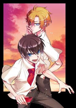 Rule 34 | 2boys, blue eyes, brown hair, brown pants, commentary request, cover, cover page, hand in pocket, highres, higurashi no naku koro ni, higurashi no naku koro ni rei, holding, holding phone, looking at viewer, maebara keitarou, male focus, manga cover, multiple boys, natsumi kei, official art, orange hair, outdoors, pants, phone, red shirt, ryuuguu kihiro, school uniform, shirt, sunset, textless version