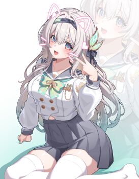 1girl absurdres black_sailor_collar black_skirt blush collarbone commentary_request fingernails firefly_(honkai:_star_rail) firefly_(spring_missive)_(honkai:_star_rail) gradient_hair green_hair green_nails grey_hair grey_skirt hair_between_eyes hair_ornament highres honkai:_star_rail honkai_(series) long_hair long_sleeves looking_at_viewer multicolored_hair nail_polish official_alternate_costume open_mouth pink_eyes ruochi_lk sailor_collar school_uniform serafuku sitting skirt smile solo thighhighs wariza white_thighhighs