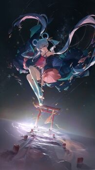 Rule 34 | 1girl, absurdres, armpit crease, bare shoulders, blue eyes, cho kaguya-hime!, colored extremities, commentary request, criss-cross halter, fish, floating hair, frilled sleeves, frills, grin, hair ornament, hair rings, hair stick, halterneck, high heels, highres, japanese clothes, kimono, long hair, long sleeves, looking at viewer, miniskirt, off shoulder, pleated skirt, procreate (medium), purple kimono, reflection, runami yachiyo, shaokao lajitong, skirt, smile, solo, star (sky), star (symbol), torii, twintails, umbrella octopus, very long hair, water, white hair, wide sleeves