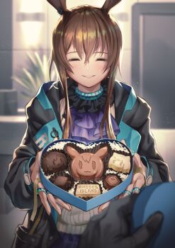 1girl amiya_(arknights) animal_ears arknights ascot black_jacket box box_of_chocolates brown_hair closed_eyes hair_between_eyes indoors jacket jewelry long_hair long_sidelocks looking_at_viewer multiple_rings open_clothes open_jacket plant pov purple_ascot rabbit_ears rabbit_girl ring shirt sidelocks solo_focus tanagawa_makoto upper_body valentine white_shirt
