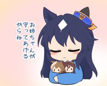 3girls :3 animal_ears blue_hair blue_shirt blush brown_hair cheval_grand_(umamusume) chibi chibi_only closed_eyes closed_mouth commentary_request cropped_torso ear_covers gomashio_(goma_feet) hat holding holding_mini_person horse_ears horse_girl long_hair long_sleeves mini_person minigirl multicolored_hair multiple_girls pink_background shirt short_hair siblings sisters smile translation_request two-tone_hair umamusume v_sisters verxina_(umamusume) vivlos_(umamusume) white_hair white_hat |_|