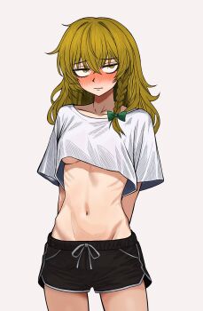 1girl absurdres arms_behind_back blonde_hair blush braid breasts collarbone commentary_request crop_top crop_top_overhang cropped_shirt cut-here_line dolphin_shorts dotted_line groin hair_ribbon highres hip_bones kirisame_marisa long_hair looking_at_viewer navel ribbon ribs ryoan_(voyagehermitage) shirt shorts side_slit side_slit_shorts simple_background skinny small_breasts solo standing t-shirt touhou twitter_cutting_game twitter_strip_game underboob white_background yellow_eyes