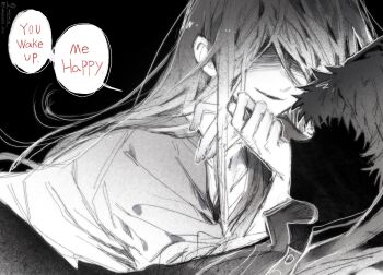 Rule 34 | 1boy, 1girl, adashino adami, black background, commentary, death, english commentary, english text, highres, homicipher, implied death, japanese clothes, kimono, long hair, lying, mr. crawling, on stomach, raincoat, shaded face, short hair, simple background, spot color, sweeeet him