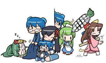 Rule 34 | 2boys, 2k-kun, 2k-tan, 5girls, 95-tan, ^ ^, ahoge, apron, black hair, blue hair, book, chibi, chibi only, clapping, closed eyes, explosive, glasses, green hair, grenade, hair ornament, hairpin, homeko, japanese clothes, me-tan, multiple boys, multiple girls, open book, os-tan, own hands together, peeking out, reading, sleeping, smile, spring onion, v arms, xp-tan, xp home-tan, xphome, zzz