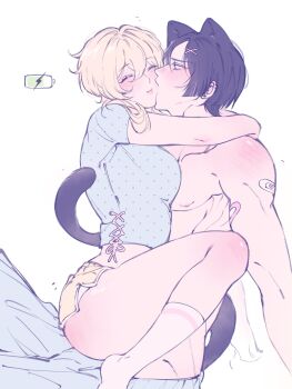 1boy 1girl animal_ears arm_support arms_at_sides ass_blush battery_indicator biting biting_cheek black_hair blonde_hair blue_eyes blue_pants blue_shirt blue_sleeves blunt_ends blush breasts cat_boy cat_ears cat_tail charging_device closed_mouth collarbone commentary couple crop_top cropped_shirt cross-laced_clothes cross-laced_top dolphin_shorts ear_piercing earrings english_commentary eyelashes facing_another genshin_impact girl_on_top hair_ornament hairclip happy hetero highres hug jewelry knee_blush looking_at_another lumine_(genshin_impact) medium_breasts nipples pants parted_bangs pectorals piercing pink_lips polka_dot polka_dot_shirt polka_dot_sleeves rilabyrinth scaramouche_(genshin_impact) shirt short_hair short_hair_with_long_locks short_sleeves shorts shoulder_blush sidelocks sitting sitting_on_person tail toned toned_male topless_male tsurime x_hair_ornament yellow_shorts