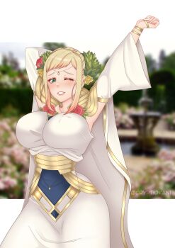 1girl absurdres arms_up blonde_hair blush breasts cape commentary commission covered_erect_nipples cryptid_crab detached_sleeves dress english_commentary fire_emblem fire_emblem_heroes flower gradient_hair green_eyes grin hair_flower hair_ornament henriette_(fire_emblem) henriette_(valentine)_(fire_emblem) highres huge_breasts jewelry lips looking_at_viewer multicolored_hair nintendo official_alternate_costume one_eye_closed pink_hair rose short_hair sidelocks smile solo stretching twitter_username white_cape wide_hips wide_sleeves
