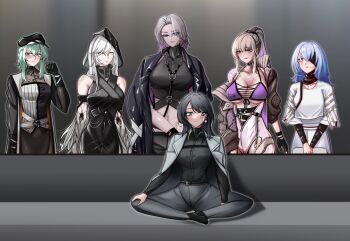 6+girls aqua_hair bai_yi_(path_to_nowhere) bandage_over_one_eye bare_shoulders black_bandages black_coat black_hair black_hat black_hood black_shirt bodysuit bra braid braided_bun breasts brown_jacket chief_(path_to_nowhere) chinese_commentary choker cleavage coat coat_on_shoulders colored_eyelashes commentary cracked_skin earrings eyepatch female_chief_(path_to_nowhere) grey_bodysuit grey_coat grey_lips hair_bun han_han_xiao_leng hat hecate_(path_to_nowhere) highres hooded_dress jacket jewelry long_hair meme military_hat multiple_girls nightingale_(path_to_nowhere) nox_(path_to_nowhere) path_to_nowhere piper_perri_surrounded_(meme) ponytail purple_bra robe shirt side_braid underwear white_eyelashes white_eyes white_robe you_gonna_get_raped yuri zoya_(path_to_nowhere)
