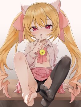 1girl barefoot blonde_hair blush chujinmikn feet finger_to_mouth highres long_hair looking_at_viewer open_clothes open_shirt original panties pantyshot parted_lips red_eyes shushing single_thighhigh soles thighhighs toes twintails underwear