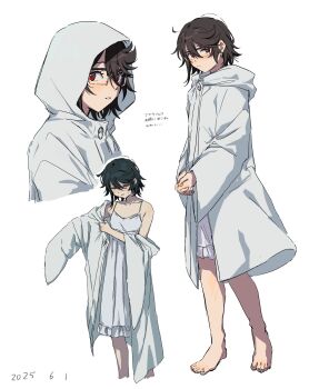 Rule 34 | 1girl, alternate costume, bare shoulders, barefoot, black hair, blush, breasts, collarbone, dated, dress, glasses, grey dress, highres, hood, hood down, hood up, long sleeves, momijiyama teru, multiple views, red eyes, short hair, shy (series), simple background, small breasts, takatisakana, translation request, white background