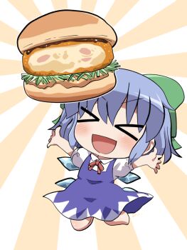 Rule 34 | > <, 1girl, :d, barefoot, blue bow, blue dress, blue hair, blush, bow, burger, chibi, chibi only, cirno, closed eyes, collared shirt, commentary, dress, food, full body, gracoro, hair bow, highres, neck ribbon, open mouth, outstretched arms, pinafore dress, red ribbon, ribbon, rokugou daisuke, shirt, short hair, short sleeves, signature, sleeveless, sleeveless dress, smile, solo, sunburst, sunburst background, touhou, v-shaped eyebrows, white shirt, xd, yellow background