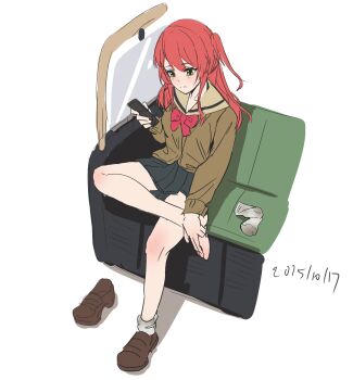 1girl absurdres barefoot bocchi_the_rock! cellphone crossed_legs feet green_eyes highres kita_ikuyo light_blush loafers long_hair phone red_hair shoes side_ponytail sitting smartphone socks tianluozi toes unworn_shoes unworn_socks