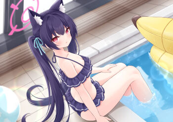 1girl animal_ear_fluff animal_ears bikini black_bikini black_hair blue_archive breasts cat_ears commentary frilled_bikini frills halo highres long_hair looking_at_viewer mochizuki_riku official_alternate_costume pool red_eyes serika_(blue_archive) serika_(swimsuit)_(blue_archive) sitting solo swimsuit twintails