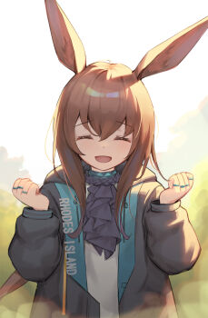 Rule 34 | 1girl, :d, ^ ^, amiya (arknights), animal ear fluff, animal ears, aoba aratame ni, arknights, backlighting, black jacket, brown hair, clenched hands, closed eyes, commentary request, day, hair between eyes, hands up, highres, jacket, jewelry, long hair, long sleeves, open clothes, open jacket, open mouth, outdoors, puffy long sleeves, puffy sleeves, rabbit ears, ring, shirt, smile, solo, upper body, very long hair, white shirt