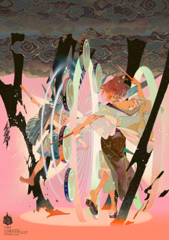 2girls barefoot blue_eyes blue_hair chest_sarashi cirno closed_eyes cloud commentary_request dark_cloud drum highres horikawa_raiko instrument japanese_clothes lightning logo multiple_girls okobo pink_hair platform_sandals profile rei_(sanbonzakura) sandals sarashi short_hair smile taiko_drum taiko_sticks tamaonsen touhou