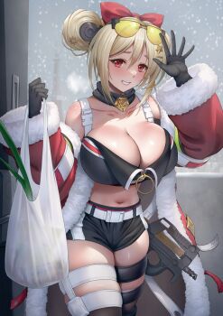 1girl bag black_gloves black_shirt black_shorts blonde_hair blush bow breasts brick_(atelier_brick) christmas cleavage collarbone commentary_request commission double_bun eyewear_on_head girls&#039;_frontline gloves grey_sky grin hair_between_eyes hair_bow hair_bun hair_ornament hairclip highres large_breasts long_sleeves navel p90_(girls&#039;_frontline) pixiv_commission red_bow red_eyes santa_costume shirt shopping_bag short_shorts shorts sidelocks sky smile snow solo spring_onion standing star_(symbol) star_hair_ornament sunglasses teeth thigh_strap