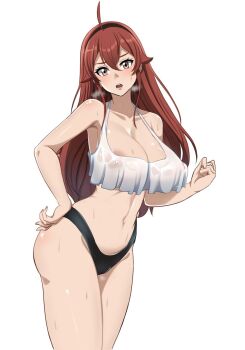 1girl aged_up ahoge black_panties blush breasts camisole cowboy_shot eris_greyrat hand_on_own_hip highres huge_breasts long_hair looking_at_viewer mushoku_tensei navel nipple_slip nipples open_mouth panties red_eyes red_hair solo stomach sweat the_amazing_gambit underwear white_camisole