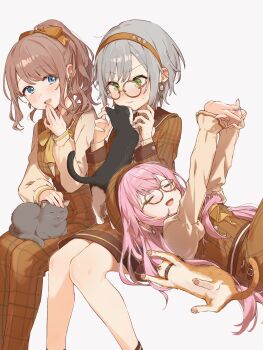 Rule 34 | 3girls, animal, animal on lap, bare legs, beret, bespectacled, blue eyes, blush, bow, bowtie, british shorthair, brooch, brown-framed eyewear, brown bow, brown bowtie, brown dress, brown hair, brown hairband, brown pants, brown shirt, brown vest, cat, cat on lap, closed eyes, dragon li cat, dress, earrings, gem, glasses, green eyes, grey hair, hair bow, hairband, hand up, hands up, happy enjoy music! (project sekai), hat, highres, hinomori shiho, jewelry, leo/need luka, long hair, long sleeves, lying, medium hair, megurine luka, mochizuki honami, multiple girls, nose blush, official alternate costume, official alternate hairstyle, on back, on lap, open mouth, outstretched arm, pants, petting, pink hair, plaid clothes, plaid dress, plaid hat, plaid pants, plaid vest, project sekai, shirt, short hair, smile, stretching, sweatdrop, tuxedo cat, uminokaisen, vest, vocaloid, white gemstone