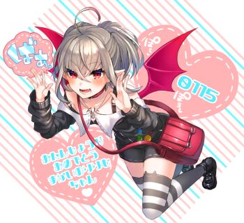 1girl ahoge animal_ear_legwear ankle_boots asymmetrical_legwear badge bag bare_shoulders belt_collar black_boots black_jacket black_skirt black_thighhighs blush boots button_badge cat_ear_legwear collar collarbone colored_tips demon_wings dyed_ahoge fang flying full_body grey_hair hair_between_eyes handbag hands_up happy_birthday heart heart_background jacket jewelry legs_folded looking_ahead makaino_ririmu makaino_ririmu_(2nd_costume) medium_hair miniskirt mismatched_legwear multicolored_hair necklace nijisanji off-shoulder_jacket off_shoulder open_mouth platform_boots pointy_ears red_bag red_collar red_eyes red_streaks red_wings shikino_yuki shoulder_bag sidelocks skirt smile solo speech_bubble strap_slip streaked_hair striped_background striped_clothes striped_thighhighs text_background thighhighs twintails v-shaped_eyebrows virtual_youtuber white_thighhighs wings zettai_ryouiki zipper