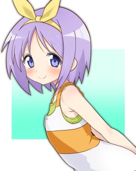 1girl absurdres bare_arms bare_shoulders blue_eyes blush border bow_hairband closed_mouth commentary_request dress green_background hairband highres hiiragi_tsukasa looking_at_viewer lucky_star meisoochuu outside_border purple_hair short_hair sidelocks sleeveless sleeveless_dress smile solo upper_body white_border white_dress yellow_hairband