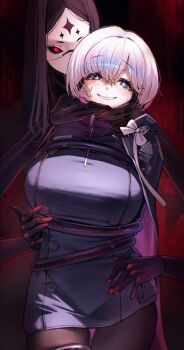 1girl absurdres bdsm black_hair black_pantyhose blue_eyes bondage bound bound_arms breasts crying crying_with_eyes_open dress earrings fingersmile forced_smile goddess_of_victory:_nikke hair_between_eyes hands_on_another&#039;s_face highres jewelry jindogod large_breasts liliweiss_(nikke) long_hair looking_at_viewer multicolored_hair multiple_girls nose_marking pantyhose pink_hair rapture_queen_(nikke) red_eyes short_hair smile symbol-shaped_pupils tears tied_up_(nonsexual) white_hair