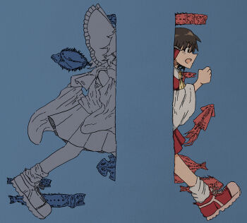 1girl absurdres blue_background bow commentary_request fish from_side full_body hair_bow hair_tubes hakurei_reimu highres kasuokasuto long_sleeves open_mouth partially_colored red_shoes shoes simple_background skirt sneakers socks solo squid touhou white_socks wide_sleeves