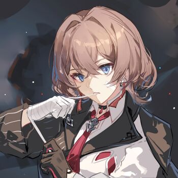 Rule 34 | 1girl, bandaged hand, bandages, bandaid, bandaid on cheek, bandaid on face, black coat, black gloves, blue eyes, breasts, brown hair, chinese commentary, coat, commentary request, gloves, highres, honkai (series), honkai impact 3rd, lantern (honkai impact), looking at viewer, medium breasts, necktie, qqqne, red necktie, shirt, short hair, single glove, solo, upper body, white shirt