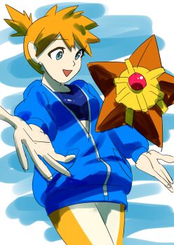 :d asymmetrical_hair blue_bra blue_eyes blue_jacket blue_shirt blue_sports_bra bra breasts cosplay earrings eyelashes gen_1_pokemon jacket jewelry lida_(pokemon) lida_(pokemon)_(cosplay) long_sleeves looking_down misty_(pokemon) nintendo open_mouth orange_hair pants partially_unzipped pokemon pokemon_legends:_z-a pokemon_rgby ponytail sadamaraas shirt short_hair side_ponytail smile sports_bra sportswear spread_fingers staryu swimsuit tongue underwear zipper zipper_pull_tab