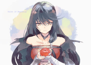 Rule 34 | 1girl, apple, bandaged arm, bandages, black hair, breasts, choker, collarbone, food, fruit, hair between eyes, long hair, medium breasts, nakariku, solo, tales of (series), tales of berseria, velvet crowe, very long hair, yellow eyes