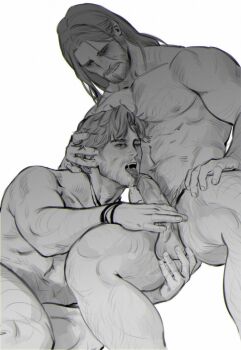 2boys abs beard chest_hair commentary completely_nude couple english_commentary erection facial_hair fellatio greyscale guardians_of_the_galaxy half-closed_eyes highres invisible_chair limach-an long_hair male_focus marvel monochrome multiple_boys muscular muscular_male nipples nude open_mouth oral peter_quill saliva short_hair sitting star-lord stubble testicles thor_(marvel) thor_(marvel)_(series) white_background yaoi