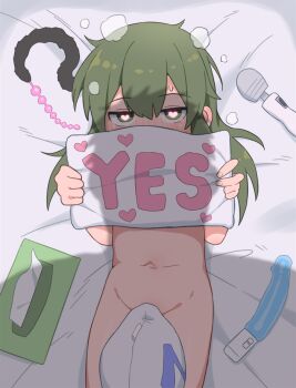 1boy 1girl anal_beads bubukka completely_nude dildo fake_tail green_eyes green_hair hetero hitachi_magic_wand holding holding_pillow igarashi_futaba loli long_hair looking_at_viewer lying navel nude on_back pillow senpai_ga_uzai_kouhai_no_hanashi sex_toy shadow tail tissue_box vibrator yes-no_pillow