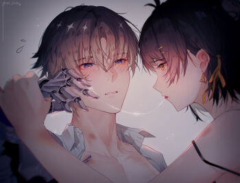 1boy 1girl bite_mark bite_mark_on_shoulder black_hair blue_eyes blush brown_hair commentary_request eye_contact female_rover_(wuthering_waves) hair_ornament hair_ribbon hairclip hand_grab hand_up hetero hickey highres looking_at_another mechanical_hands nai_pizx parallel_hairclips parted_lips ribbon rover_(wuthering_waves) saliva saliva_trail short_hair single_mechanical_hand strap_slip tongue tongue_out wuthering_waves xiangli_yao_(wuthering_waves) yellow_eyes yellow_ribbon