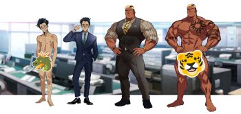 2boys abs absurdres arm_tattoo bara belt biceps black_hair black_necktie black_pants black_vest blonde_hair blue_eyes blue_jacket blue_pants blue_shirt bracelet broad_shoulders brown_hair brown_shirt calves censored chest_tattoo completely_nude dress_shoes facial_hair formal_clothes glasses gold_bracelet green_necktie hands_on_own_hips highres huge_pectorals jacket jewelry leg_hair male_focus multicolored_hair multiple_boys multiple_views muscular muscular_arms muscular_legs muscular_male navel necktie nipples novelty_censor nude original pants reference_sheet ring robokeh shirt size_difference striped_clothes striped_shirt stubble suit suit_jacket suit_pants tattoo thick_eyebrows thighs two-tone_hair two-tone_necktie v-taper vertical-striped_clothes vertical-striped_shirt vest watch wristwatch yellow_necktie