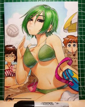 1boy 2girls ^^^ adjusting_clothes adjusting_strap adjusting_swimsuit alternate_hair_color art_tools_in_frame bag ball beach beach_umbrella beach_volleyball bikini black_eyeliner black_eyes black_eyeshadow blood blue_bag blue_sky blush bouncing breasts brown_hair brown_shirt bucket can cleavage closed_eyes cloud collarbone cumulonimbus_cloud day diagonal-striped_bikini diagonal-striped_clothes drink drink_can drinking drinking_straw drinking_straw_in_mouth earrings eyelashes eyeliner eyeshadow freckles furrowed_brow glasses green_bikini green_hair hair_up halterneck handbag highres hitting holding holding_can holding_drink hoop_earrings indian_style jewelry julie_powers light_frown lips looking_at_another looking_at_viewer makeup marker marker_(medium) medium_breasts multicolored_bag multiple_girls narrowed_eyes navel nosebleed ocean omar_dogan outdoors photo_(medium) pink_bag ponytail pursed_lips ramona_flowers red_bikini round_eyewear scott_pilgrim scott_pilgrim_(comics) scott_pilgrim_(series) sharpie shirt short_hair sitting sky small_breasts soda_can star-shaped_pupils star_(symbol) string_bikini striped_clothes sweat swimsuit symbol-shaped_pupils thick_eyebrows towel traditional_media umbrella volleyball volleyball_(object) white_bikini wide-eyed yellow_bag yokozuwari