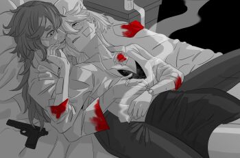 2girls absurdres bandage_on_chest bandages blood blood_on_clothes blush bra breasts cigarette cleavage collared_shirt commentary_request greyscale gun gundam gundam_suisei_no_majo hand_on_another&#039;s_face handgun highres korean_commentary long_hair long_sleeves looking_at_another lying medium_breasts miorine_rembran monochrome multiple_girls on_back on_bed pants parted_lips pencil_skirt shirt skirt smile smoke snapagi spot_color suletta_mercury sweatdrop thick_eyebrows underwear watch weapon wristwatch yuri