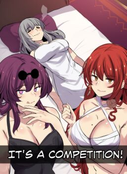 3girls :q absurdres bare_shoulders black_choker bra breasts choker closed_eyes criss-cross_halter grey_hair guy_tired_after_sex_(meme) halterneck highres himeko_(honkai:_star_rail) hinghoi honkai:_star_rail honkai_(series) kafka_(honkai:_star_rail) long_hair looking_at_viewer mole mole_on_breast multiple_girls naked_towel navel purple_eyes purple_hair red_hair smile tongue tongue_out towel underwear white_bra yellow_eyes