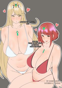 2girls absurdres artist_name bikini blonde_hair blush breasts chest_jewel commentary core_crystal_(xenoblade) english_commentary harstfazn heart highres large_breasts micro_bikini midriff multiple_girls mythra_(xenoblade) open_mouth pyra_(xenoblade) red_hair sagging_breasts spoken_heart stomach string_bikini swept_bangs swimsuit tiara xenoblade_chronicles_(series) xenoblade_chronicles_2