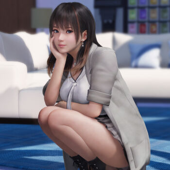 1girl black_footwear black_hair blue_eyes breasts brown_hair couch dead_or_alive dead_or_alive_xtreme dead_or_alive_xtreme_venus_vacation earrings green_eyes hand_on_own_face highres jewelry kneeling long_hair looking_at_viewer nanami_(doa) official_art shirt skirt smile solo venus_vacation_prism:_dead_or_alive_xtreme white_shirt