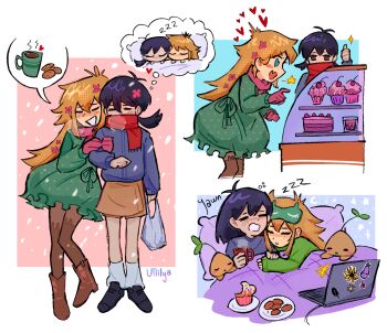 2girls alternate_costume artist_name bag basil_(faraway)_(omori) basil_(omori) black_coat black_eyes black_shoes blonde_hair blue_eyes boots brown_boots brown_pantyhose cake character_doll character_sticker closed_eyes coat cupcake doll double-parted_bangs flower food genderswap genderswap_(mtf) gloves green_coat hair_flower hair_ornament heart heart-shaped_eyes highres holding holding_bag long_hair long_sleeves low_twintails medium_hair mr._plantegg_(omori) multiple_girls omori open_mouth pantyhose parted_lips plastic_bag pointing red_gloves shoes short_twintails sleeping snow snowing socks something_(omori) speech_bubble sprout_mole squeans sticker stuffed_toy sunny_(omori) thought_bubble thumbs_up twintails ullilya1 unmoving_pattern white_socks zzz