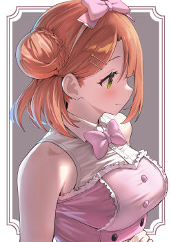 1girl absurdres bare_shoulders blush border bow bowtie braid breasts brown_hair bun_with_braided_base closed_mouth commentary_request green_eyes hair_bow hair_bun highres large_breasts love_live! love_live!_nijigasaki_high_school_idol_club outside_border pink_bow pink_bowtie pink_shirt shirt short_hair single_hair_bun sleeveless sleeveless_shirt smile solo uehara_ayumu upper_body white_border yuu_(shampoohatslime)