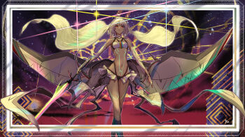 152_in_can 1girl absurdres altera_(fate) artist_name bare_shoulders border breasts choker closed_mouth dark-skinned_female dark_skin detached_sleeves energy_sword fate/grand_order fate_(series) framed full-body_tattoo headdress highres holding holding_sword holding_weapon looking_at_viewer midriff navel ornate_border photon_ray_(fate) red_eyes short_hair small_breasts solo stomach sword tattoo veil weapon white_hair