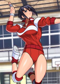 Rule 34 | 1girl, akisu k, ayuhara natsu, black hair, buruma, capcom, chromatic aberration, female focus, jacket, jumping, justice gakuen, knee pads, playing sports, red buruma, red jacket, shoes, short hair, sneakers, solo, volleyball, wristband
