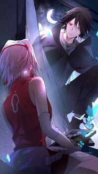 1boy 1girl bare_shoulders bike_shorts black_cloak black_hair black_pants black_shoes black_shorts blue_butterfly breasts bug butterfly cloak crescent_moon elbow_sleeve grey_shirt hair_between_eyes hairband haruno_sakura hatake_kakashi heterochromia highres holding holding_picture_frame insect kneeling looking_at_another medium_breasts moon mushroomuaa naruto_(series) open-toe_shoes pants picture_frame pink_hair red_hairband red_shirt sharingan shirt shoes short_hair shorts sleeveless sleeveless_shirt tears twitter_username uchiha_sasuke upper_body uzumaki_naruto window
