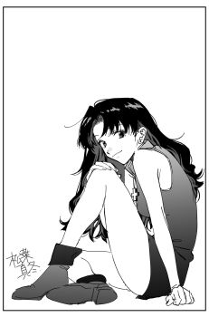 Rule 34 | 1girl, armpit crease, armpit peek, artist name, bare arms, bare legs, bare shoulders, black border, black dress, black hair, black shoes, border, breasts, collared dress, commentary request, cross, cross necklace, dress, earrings, greyscale, hand on ground, hand on own knee, highres, jewelry, katsuragi misato, legs, light smile, long hair, looking at viewer, matsuba 000, mature female, medium breasts, monochrome, necklace, neon genesis evangelion, shoes, short dress, signature, simple background, sitting, sleeveless, sleeveless dress, solo, stud earrings, thighs, wavy hair, white background