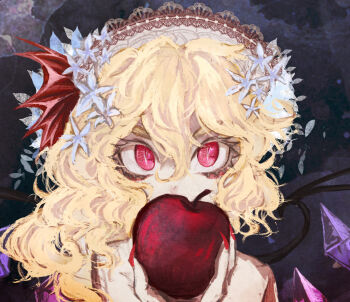 aculka-the-shark adapted_costume apple ascot bat_wings biting blonde_hair commentary crystal_wings fingernails flandre_scarlet flower food fruit hair_flower hair_ornament hat highres looking_at_viewer mob_cap multicolored_wings nail_polish red_eyes red_vest sharp_fingernails side_ponytail touhou vest white_hat wings yellow_ascot