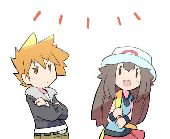 1girl :d bag belt blonde_hair blue_shirt blush breasts brown_eyes brown_hair closed_mouth commentary_request cowboy_shot crossed_arms deformed green_(pokemon) green_pants grey_jacket hair_between_eyes hat highres jacket jitome leaf_(pokemon) long_hair looking_up nintendo notice_lines open_mouth pants pokemon pokemon_frlg pokemon_hgss rascal_(feuille) red_skirt shirt shoulder_bag sidelocks skirt sleeveless sleeveless_shirt smile spiked_hair standing sweat v-shaped_eyebrows white_background white_hat wristband yellow_bag |_|