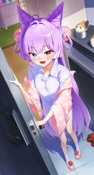 Rule 34 | 1girl, absurdres, ahoge, blue eyes, blush, brown eyes, collarbone, collared shirt, commentary, fang, full body, hair between eyes, hair horns, hair ornament, heterochromia, highres, indoors, long hair, looking at viewer, multicolored hair, no pants, open mouth, opening door, pink slippers, pom pom (clothes), pom pom hair ornament, purple hair, shirt, slippers, socks, solo, standing, stellive, tenko shibuki, tiokun7, two-tone hair, virtual youtuber, white hair, white shirt, white socks, white streaks